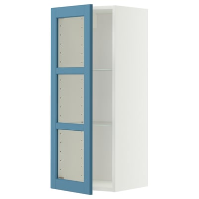 METOD Wall cabinet w shelves/glass door, white/Lerhyttan blue, 40x100 cm