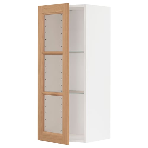 Modern white kitchen cabinet with glass shelves, oak trim, adjustable shelves.