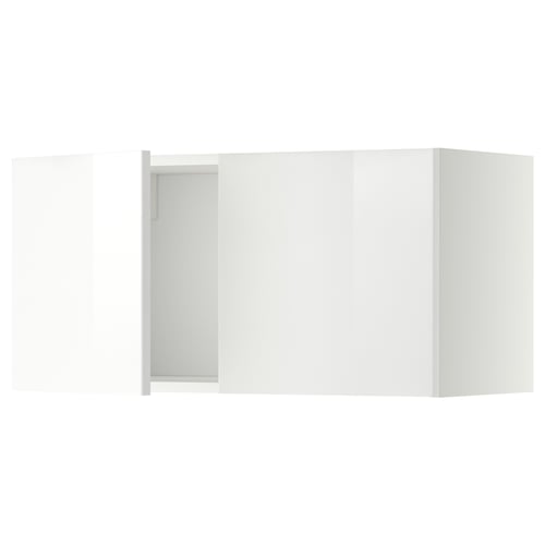 A white glossy METOD kitchen cabinet set with modern design. The set includes wall-mounted units.