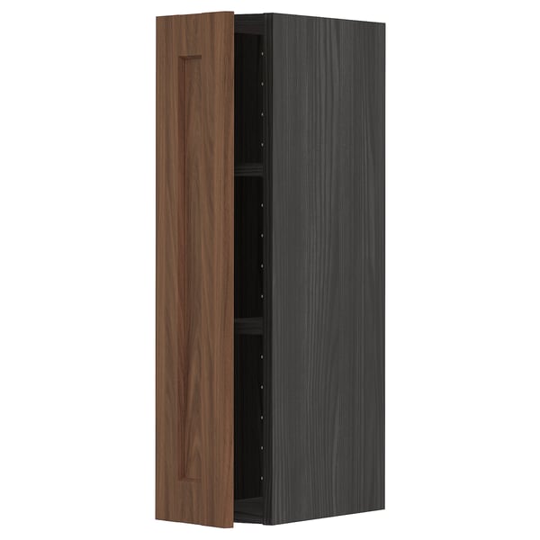 METOD Wall cabinet with shelves, black Enköping/brown walnut effect, 20x80 cm