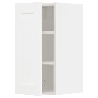 A white METOD kitchen cabinet with a minimalist design, featuring adjustable shelves and dimensions suitable for a modern kitchen setup.