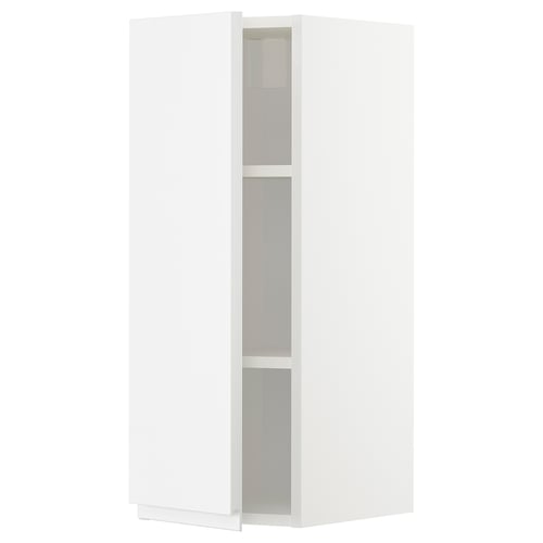 A white high gloss METOD kitchen wall cabinet with two shelves.