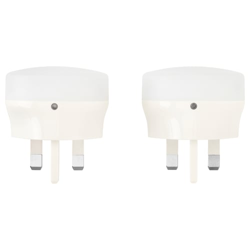 Shows two white MÖRKRÄDD night lights side by side for home use.