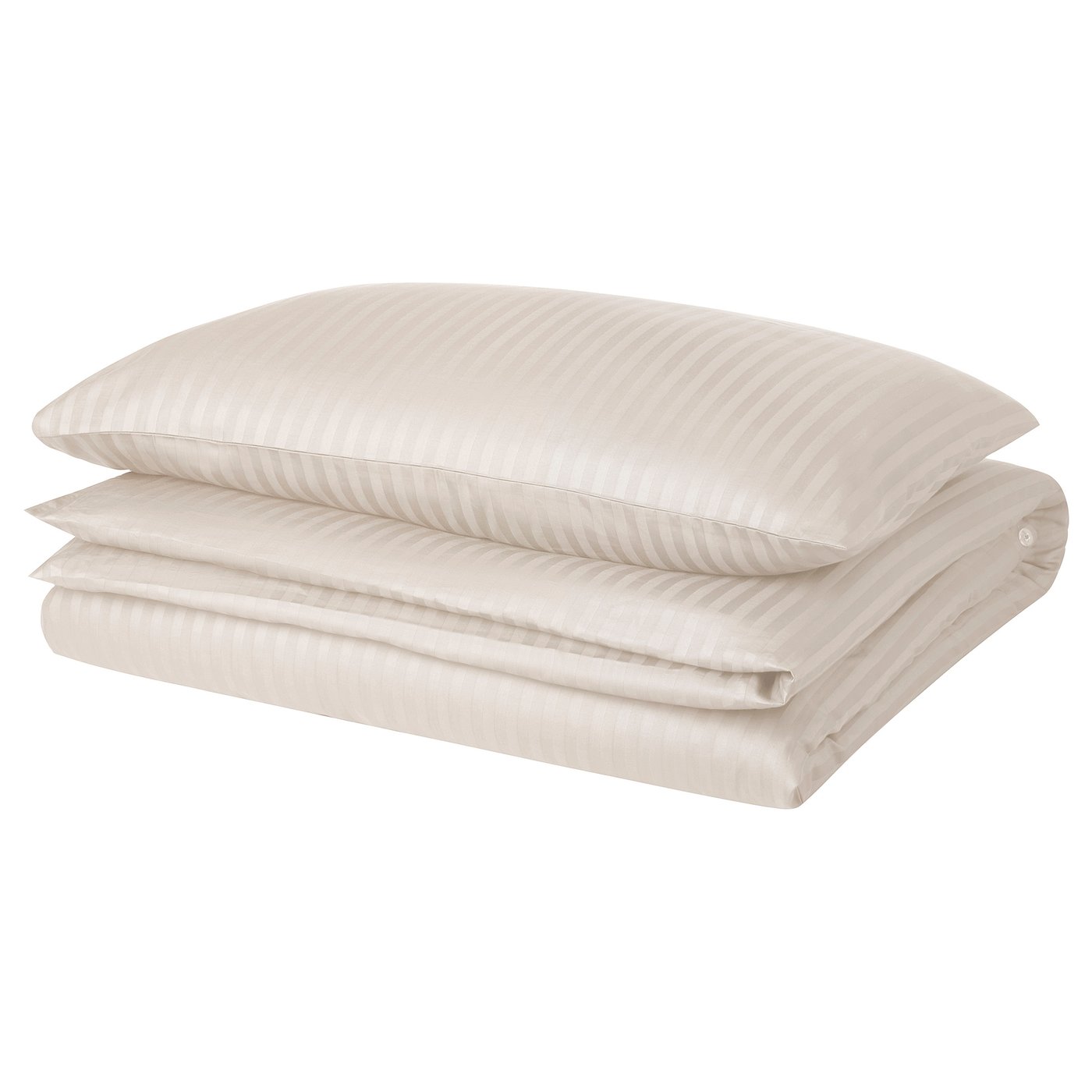 A neatly folded NATTJASMIN duvet cover set in beige with subtle stripes. Made of cotton and lyocell, it a smooth, luxurious finish.