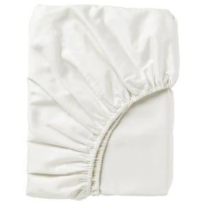 A white, folded bed sheet named NATTJASMIN, featuring a smooth, silky texture, with gathered edges.