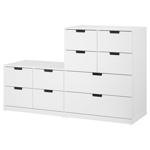 Displays a white NORDLI chest of drawers set, featuring multiple drawers with a minimalist design.