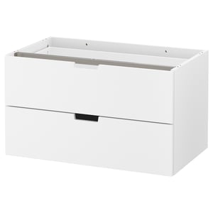 Ikea NORDLI white 2-drawer chest; sleek, rectangular; modern design with metallic handles; ideal for compact spaces.