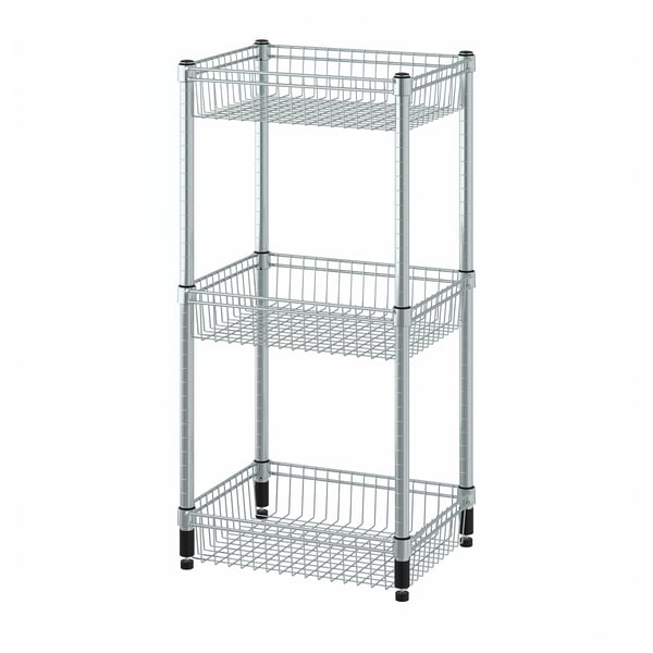 A silver, wire mesh shelving unit called OLAUS with three adjustable compartments.