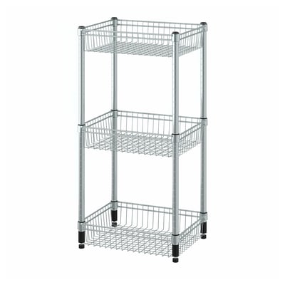 A silver, wire mesh shelving unit called OLAUS with three adjustable compartments.