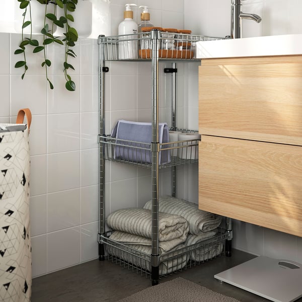 OLAUS bathroom storage rack: 3 baskets with towels & toiletries, adjustable.