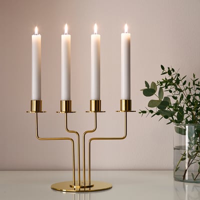 PÄRLBAND Candelabra, gold-colour, 22 cm