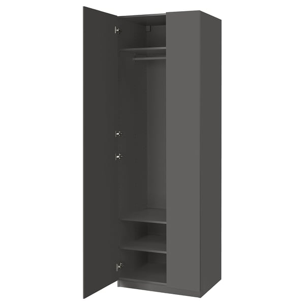PAX wardrobe in dark grey with two doors, hanging rod, shelves, soft-close hinges.