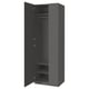 PAX wardrobe in dark grey with two doors, hanging rod, shelves, soft-close hinges.