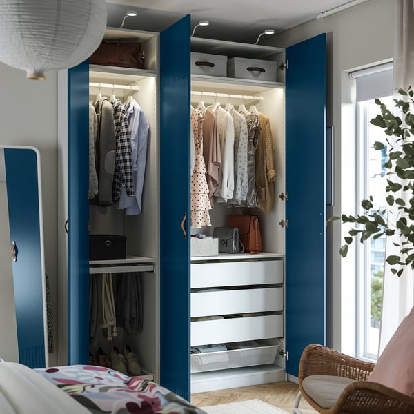 PAX / FYRUDDEN Wardrobe combination, white/blue, 150x60x236 cm