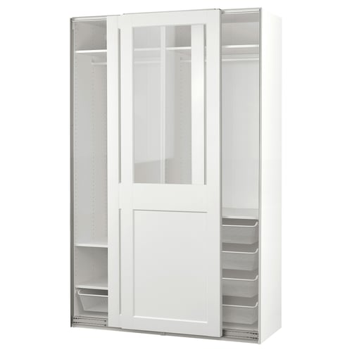 This image displays a white PAX wardrobe with sliding glass doors and mesh drawers. It an organised, minimalist design.