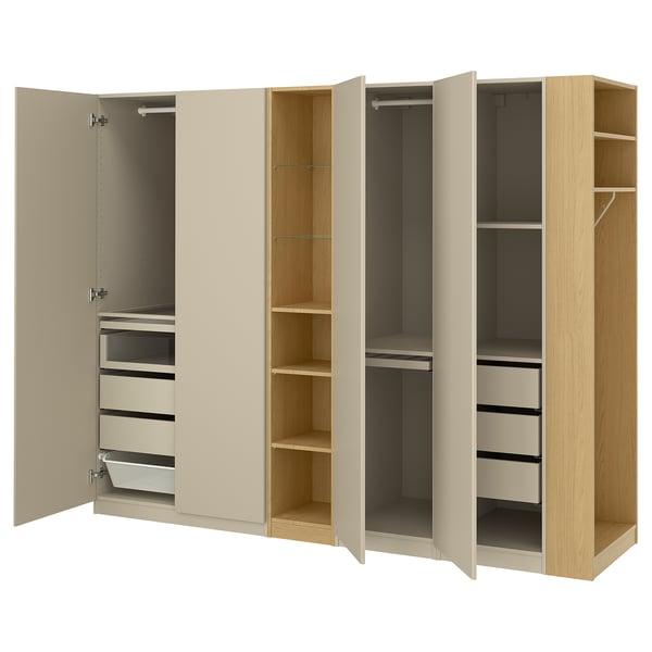 PAX / REINSVOLL Wardrobe combination, grey-beige grey-beige/oak effect, 255x60x201 cm