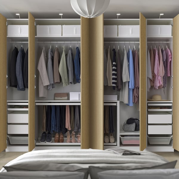 PAX / STORKLINTA Wardrobe combination, white/oak effect, 300x60x236 cm