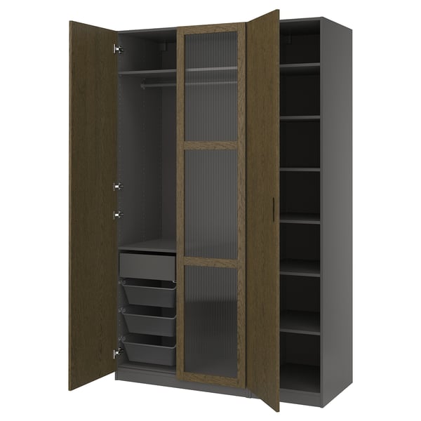 PAX / TONSTAD Wardrobe combination, dark grey brown/stained oak veneer glass, 150x60x236 cm