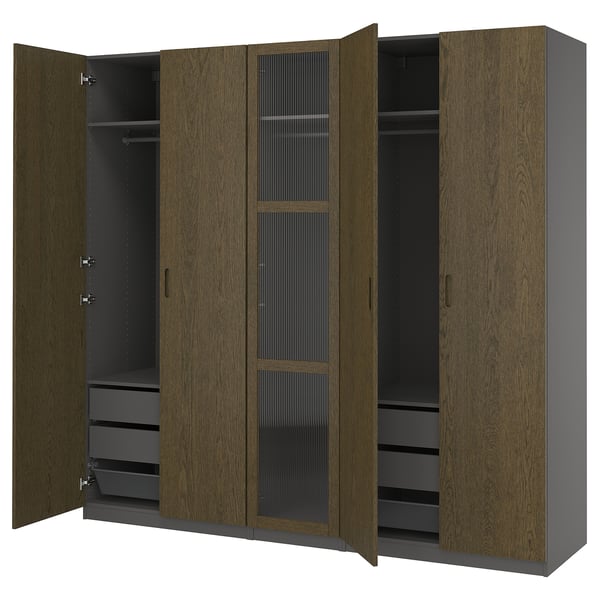 PAX / TONSTAD Wardrobe combination, dark grey brown/stained oak veneer glass, 250x60x236 cm