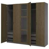 PAX / TONSTAD Wardrobe combination, dark grey brown/stained oak veneer glass, 250x60x236 cm
