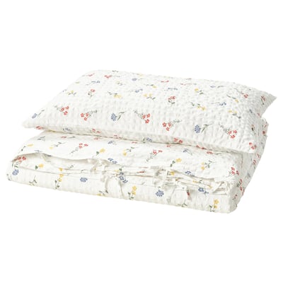 PILDVÄRGMAL Duvet cover and pillowcase, white/floral pattern, 150x200/50x80 cm