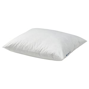 A single white pillow named PILSPINNARE, soft with a plump shape, predominantly filled with feathers and down, and neatly placed.
