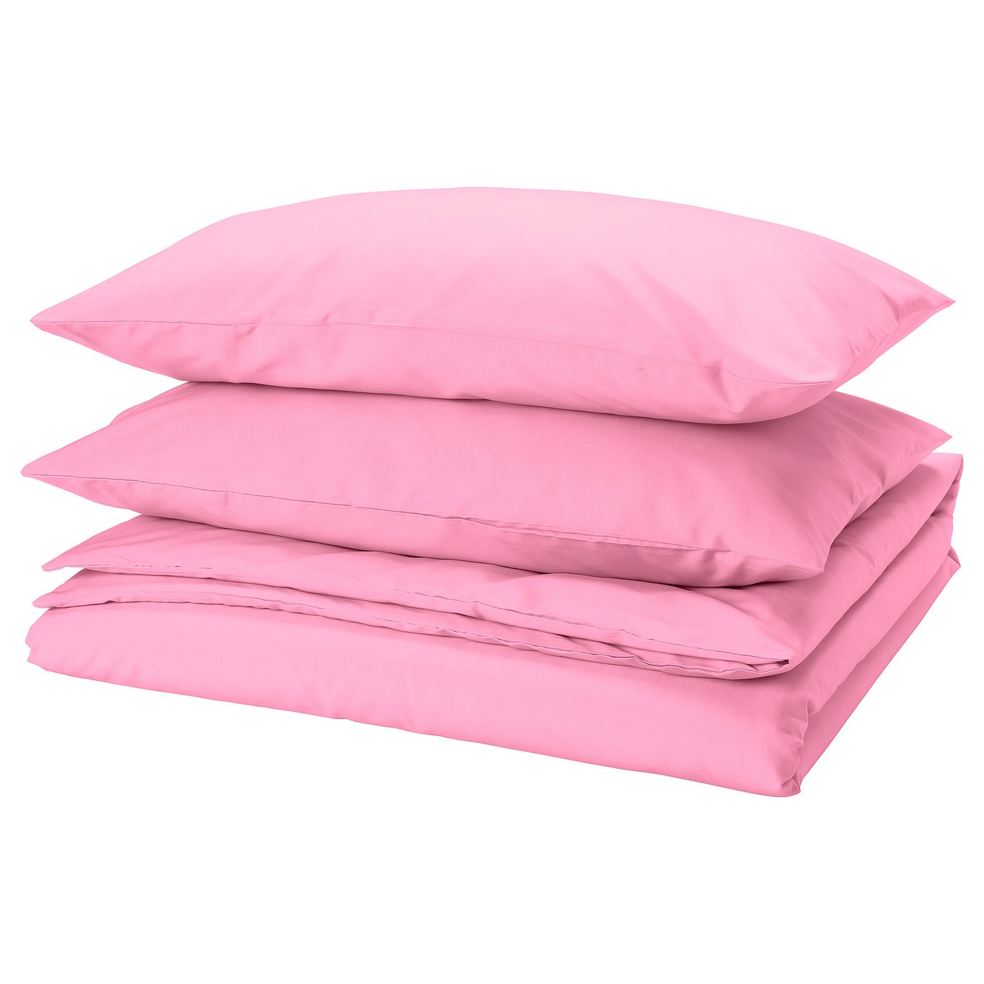 Bright pink bedding set: two pillows, folded duvet. Simple, smooth design.