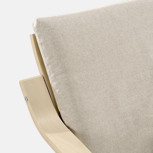 Comfortable beige upholstered chair with curved wooden back and seat, showcasing high-quality fabric and sturdy design.