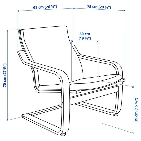 Illustration with measurements for the product: POÄNG.