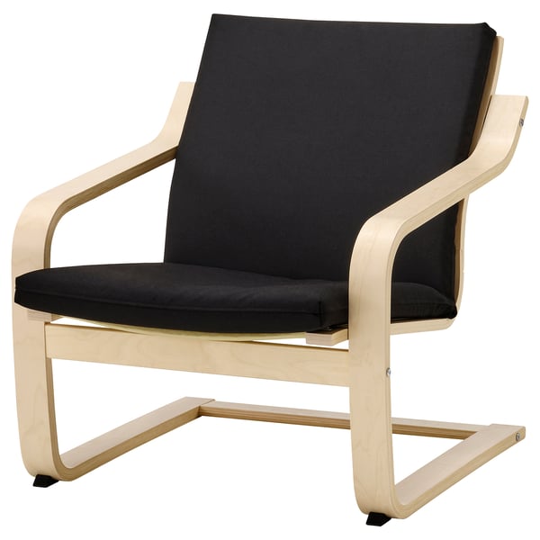 POÄNG chair, light wood, black cushion, modern design, curved seat, back, armrests.