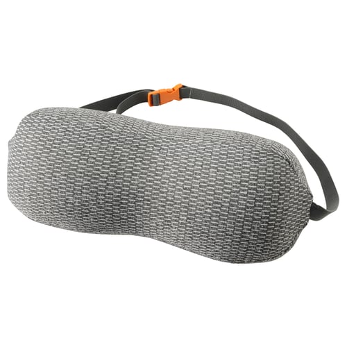 A grey ergonomic pillow named RAGGARV with memory foam, adjustable straps, designed for neck and lumbar support.