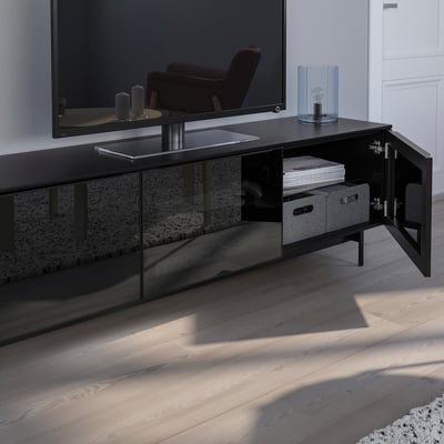 RANNÄS طاولة تلفزيون مع أبواب, أسود/أسود زجاج, ‎178x42 سم‏