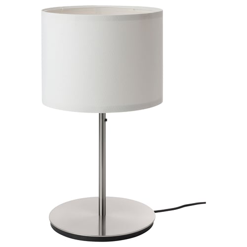 Modern white lamp with cylindrical shade & nickel base.