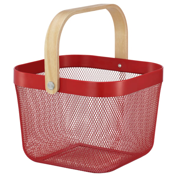 Red RISATORP mesh basket with wooden handle for fruits or storage.