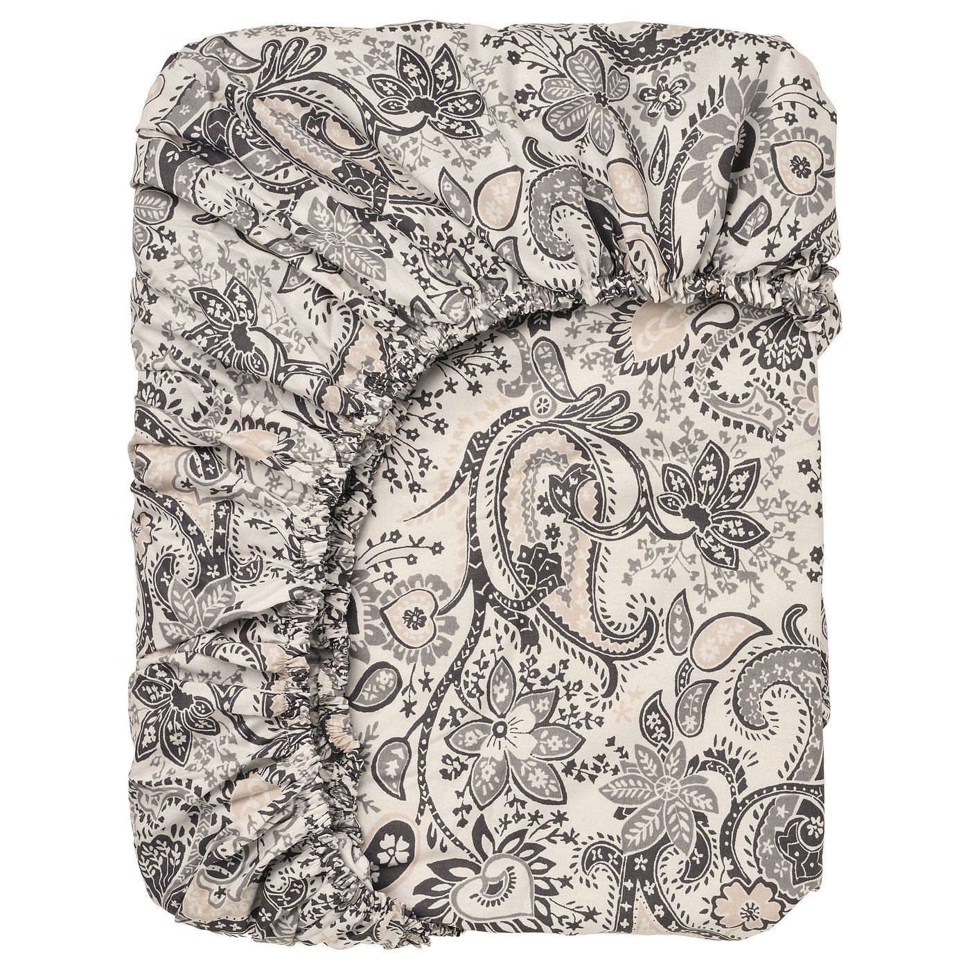 RODGERSIA fitted sheet, grey paisley print on cream, cotton-viscose blend, rectangular with elastic edges.