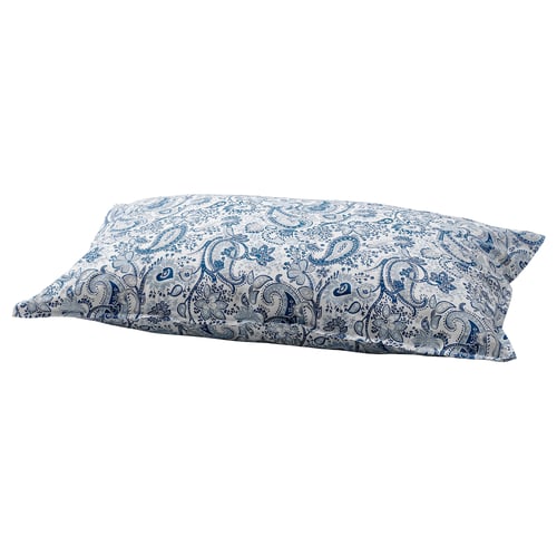 The RODGERSIA pillowcase is white with blue paisley patterns. Rectangular, soft cotton-viscose blend.