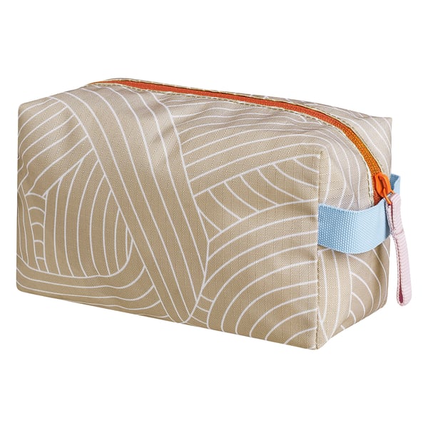 Small square pouch with beige leaf design, blue and pink strap, and orange zip, likely used for cosmetics or small items.