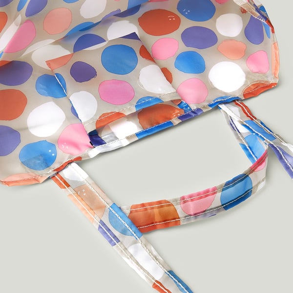 Foldable, multi-colored polka dot shopping bag with sturdy straps, showcasing durable and recycled polyester material.