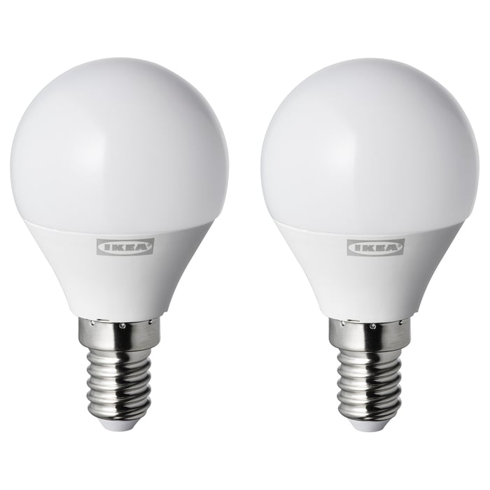 RYET LED bulb E14 250 lumen, globe opal white, 2 pack IKEA