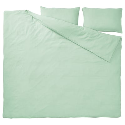 Green organic cotton bedding set with duvet cover, 2 pillowcases, wavy texture.