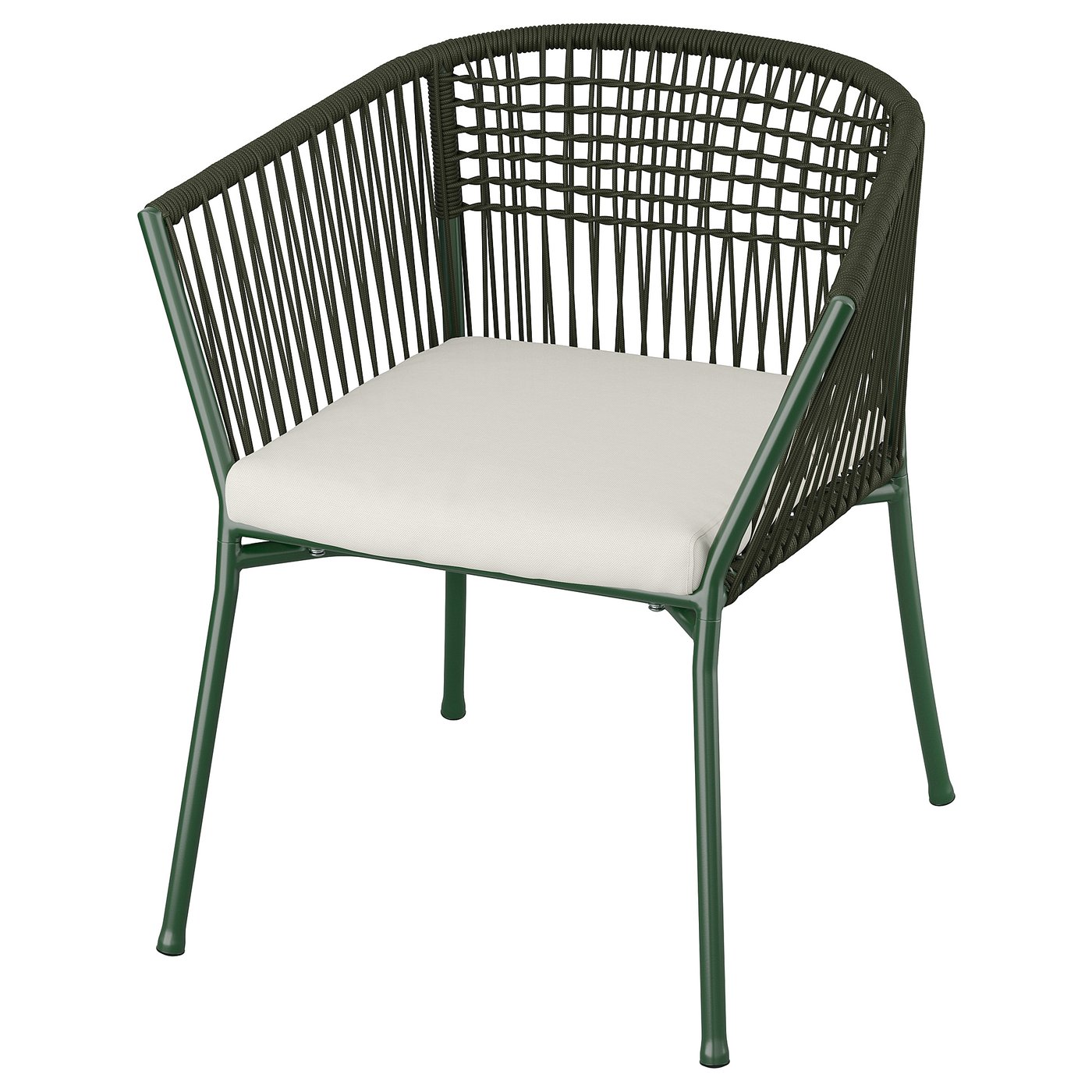 SEGERÖN green outdoor chair, wicker design, white cushion.