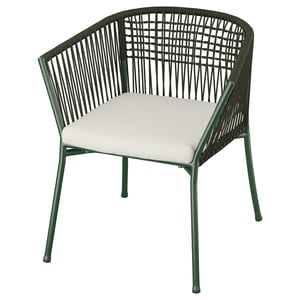 SEGERÖN green outdoor chair, wicker design, white cushion.