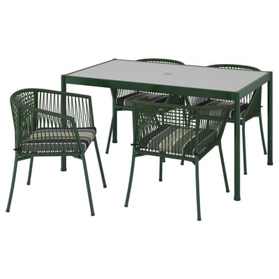 SEGERÖN Table and 4 chairs with armrests, outdoor dark green/Frösön/Duvholmen stripe pattern, 147 cm