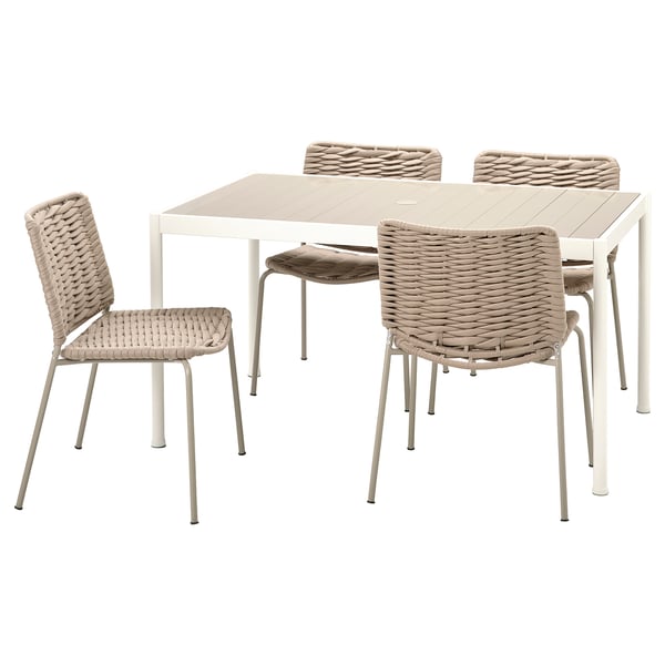 SEGERÖN outdoor furniture set with white table and beige wicker chairs.
