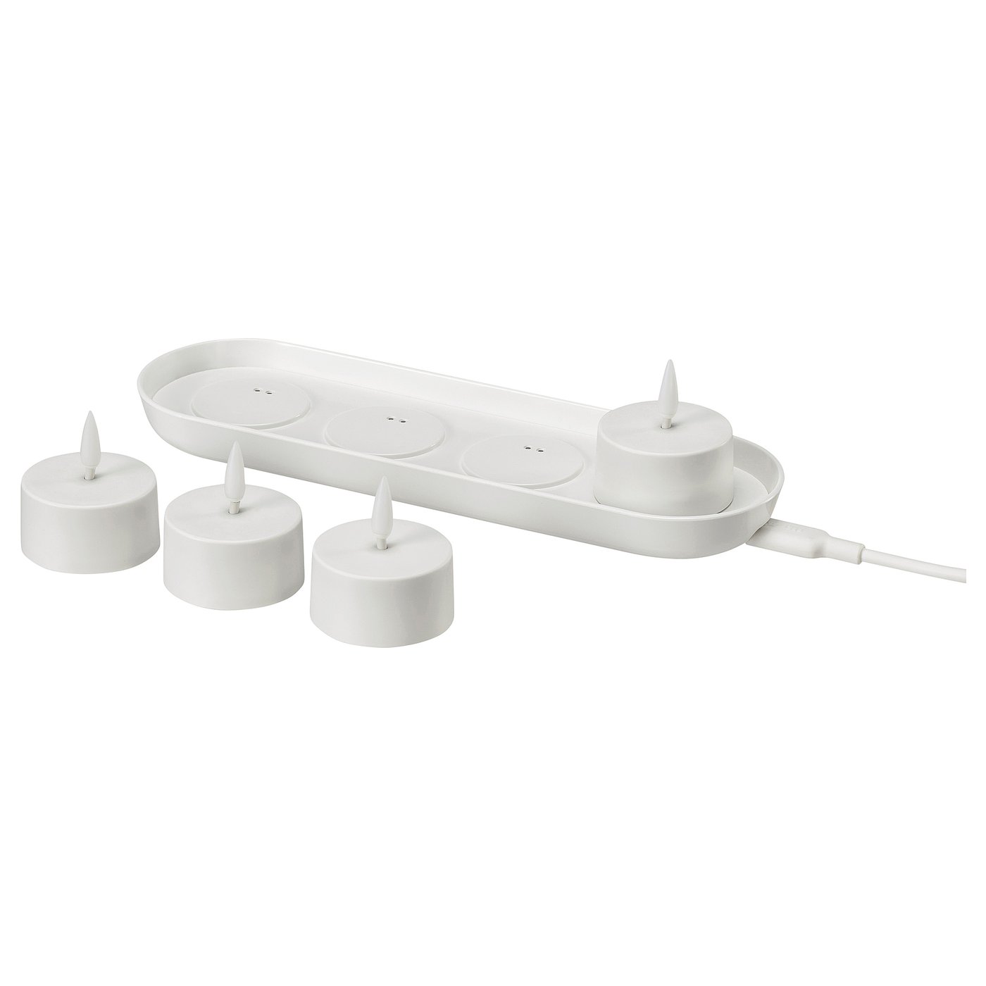 SKATGÅS tealight kit: 4 tealights, charging tray, minimalist design.