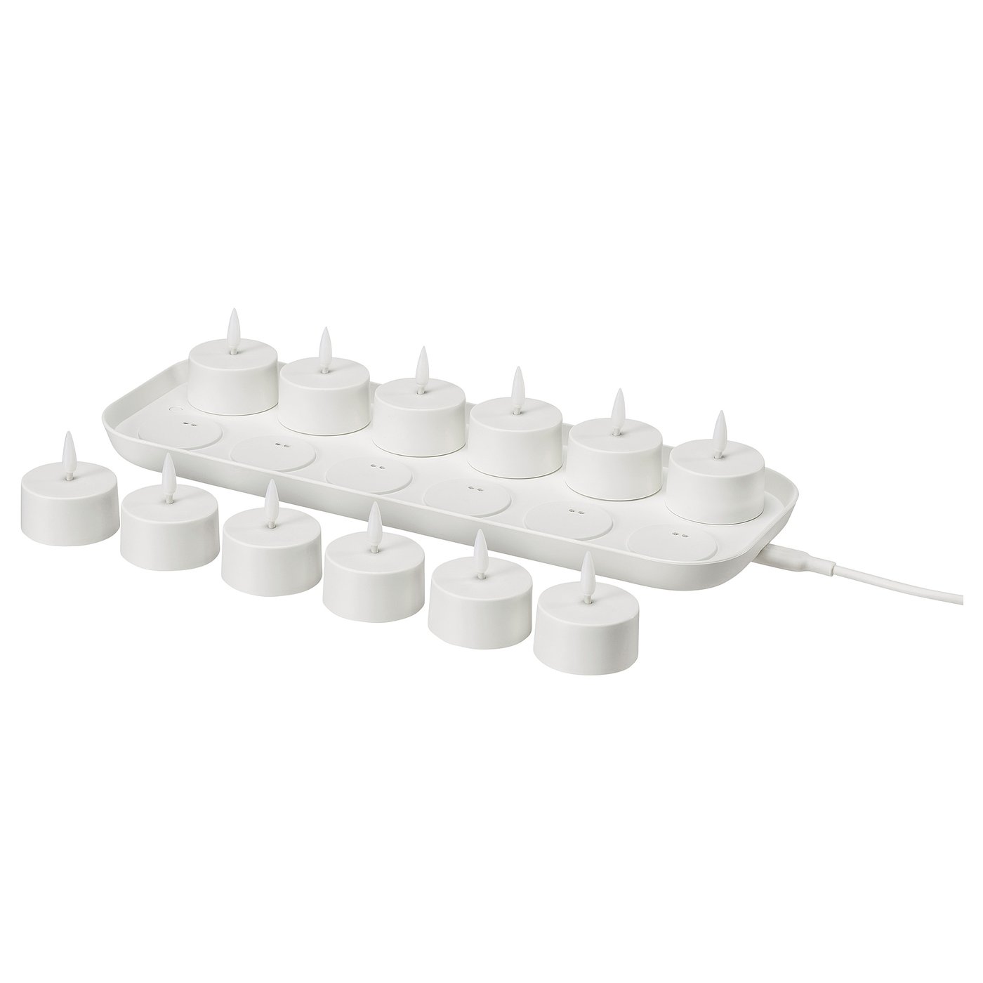 SKATGÅS led tealight kit: 12 white, cylindrical candles with a charging tray. Safe, rechargeable candle lights.