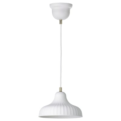 SKIVTOFS pendant lamp. White stoneware shade, hangs by cord, vintage design.