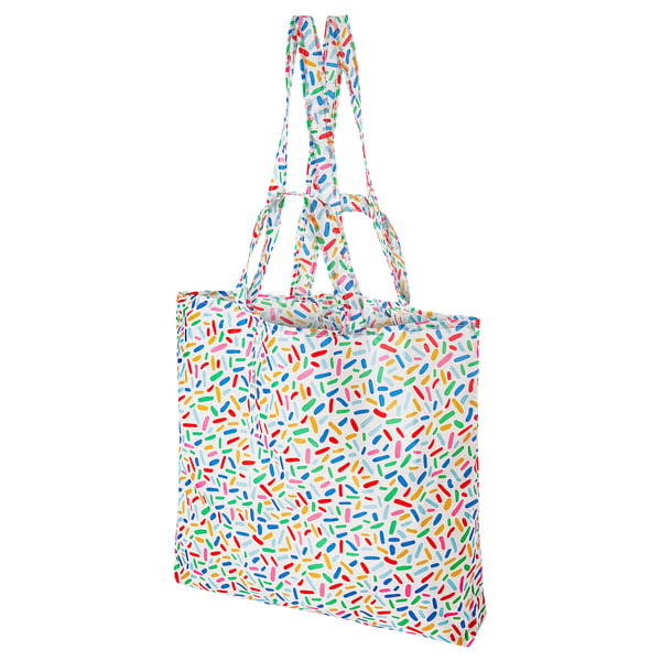 SKYNKE reusable shopping bag, white with colourful print, handles, foldable, eco-friendly, recycled material.