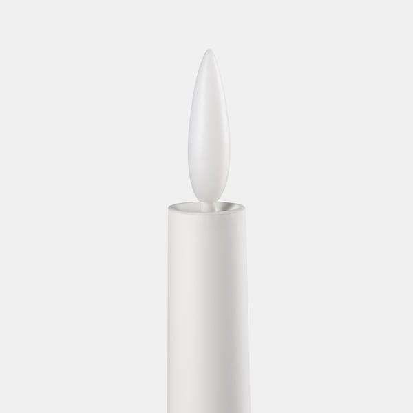 Single white led candle, sleek design, smooth texture, vertical stance.