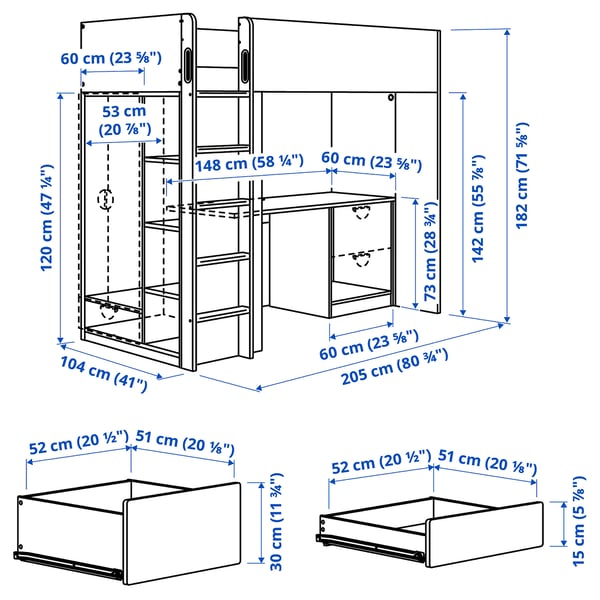 SMÅSTAD Loft bed, white lilac/with desk with 3 drawers, 90x200 cm